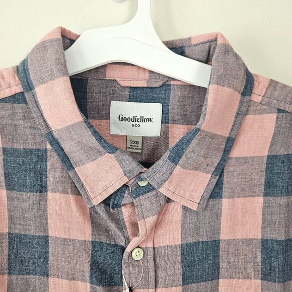 Mens 2XB Big & Tall Goodfellow & Co Pink & Blue Plaid Short Sleeve Cotton Shirt - Picture 3 of 9